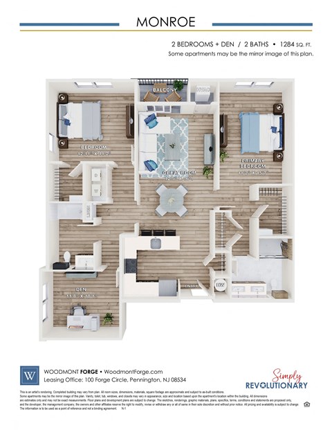 Floor plan for 2 beds, 2 baths, 1284 sqft